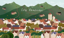 Vector Illustration Of A Village Town In Europe, Cityscape With Houses, Mountains And Trees, Background For Poster, Covers, Cards, Banner