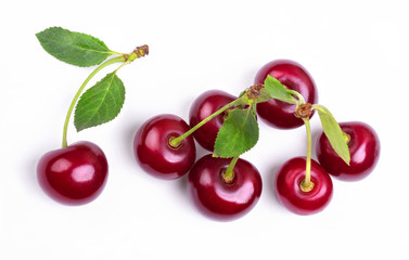 Poster - Group of ripe cherries with sprigs and leaves