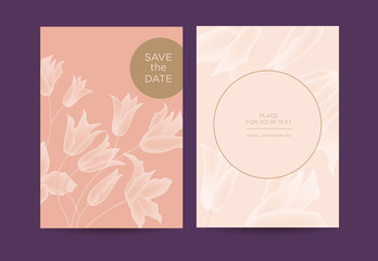 Wall Mural - Wedding invitation with delicate flowers on a pink background. Design templates can be used for invitations, restaurants, spas, beauty salons.