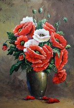 Oil Paintings, Still Life, Bouquet Of Flowers In A Vase On Wooden Background