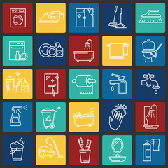 Poster - Cleaning icon set on color squares background for graphic and web design, Modern simple vector sign. Internet concept. Trendy symbol for website design web button or mobile app