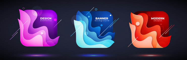 Wall Mural - Set of square liquid abstract geometric shapes. Fluid gradient elements for minimal banner, logo, social post. Rectangle trendy dynamic design. Abstract background. Eps10 vector.
