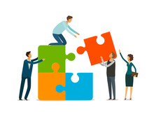 Teamwork Concept. Business People With Puzzle Pieces Working Together. Infographics Vector Illustration