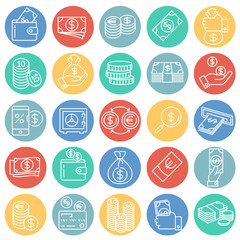 Fototapete - Money line icons set on color circles white background for graphic and web design, Modern simple vector sign. Internet concept. Trendy symbol for website design web button or mobile app
