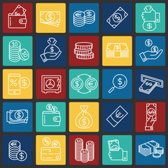 Fototapete - Money line icons set on color squares background for graphic and web design, Modern simple vector sign. Internet concept. Trendy symbol for website design web button or mobile app