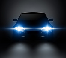 Car Lights Realistic Front Silhouette View. Automobile Vector Car Headlights In Darkness