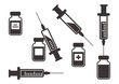 Black set of syringes for injection with vaccine, vials of medicine. Vector illustration