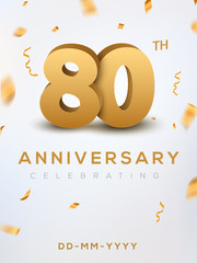 80 Anniversary gold numbers with golden confetti. Celebration 80th anniversary event party template