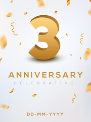 3 Anniversary gold numbers with golden confetti. Celebration 3 anniversary event party template