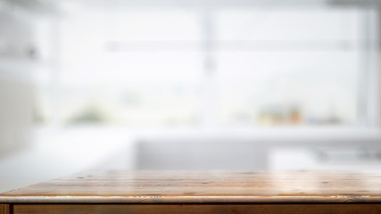 Wall Mural - Empty wood counter table in white kitchen room background.