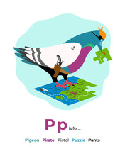 English Alphabet Colored Cartoon With Letter P For Children, With Pictures To These Letter With Pigeon, Pirate, Pistol, Puzzle, Pants. - Vector