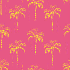 Wall Mural - Sweet summer Palm and coconut trees silhouette on the fresh pink background. Vector seamless pattern with tropical plants