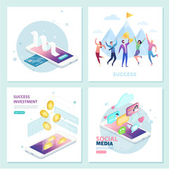 Set of concepts for teamwork, project management, business workflow, success, social media, online payment, investment . Flat isometric vector concept of receipt, online payment, money transfer, mobil