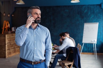 Wall Mural - Handsome mature businessman is talking on the mobile phone while working in office.