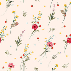 Floral seamless pattern many kind of blooming meadow flowers Botanical  Motifs scattered random . Seamless vector texture. Elegant template for fashion prints.