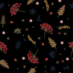 Wall Mural - Beautiful night Hand drawn floral winter seamless pattern with christmas leaves and berries. Vector illustration background design