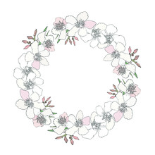 Floral Wreath With Branch Of Pink And Black And White Blooming Flowers, Bud Isolated On White Background. Design For Invitation, Wedding Or Greeting Cards With Tropical Exotic Oleander. Vector