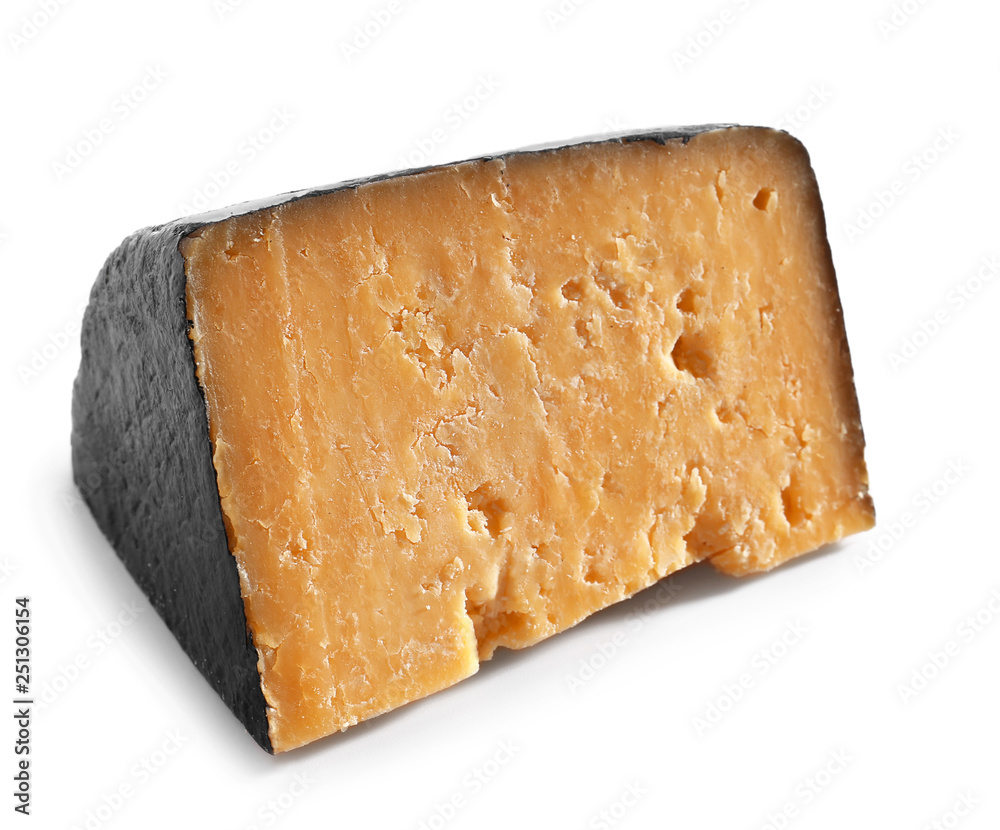 Piece of tasty cheese on white background