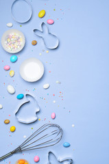 Sticker - Easter Concept, Cookie Cutters, Eggs, Sugar Sprinkles and Chocolate Eggs on Bright Background