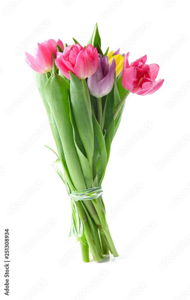 Bouquet of beautiful tulips on white background