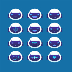 Poster - chatbot avatar. chat bot head with different emotions and symbols on face. ai chatbots vector set. i
