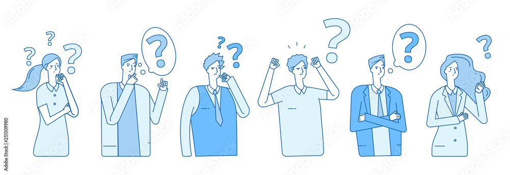 Businessmen searching solution. People hysteria problem panic emotional stress. Persons think with question marks vector concept. Illustration of business solution, businessman stress - obrazy, fototapety, plakaty 