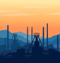 Mineral Fertilizers Plant Over Blue Great Mountain Range At Sunset. Detail Vector Illustration Of Large Chemical Manufacturing Plant.