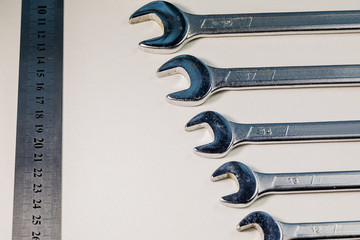 Metal wrenches of different sizes. Tool.