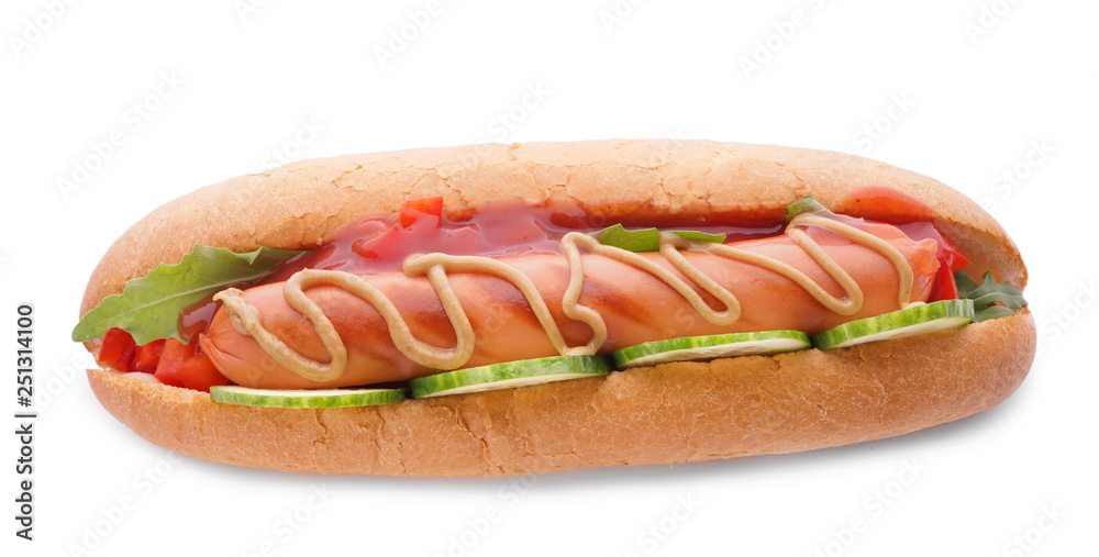Tasty hot dog on white background