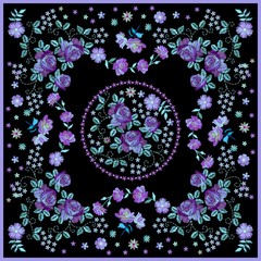 Wall Mural - Beautiful bandana print or scarf in russian style with embroidered flowers. Lovely tablecloth with floral motifs.