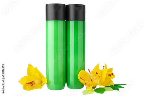 Two Green Plastic Shampoo Hair Conditioner Bottles Or Shower Gel