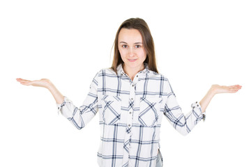 Happy young brunette woman in white gray blouse showing her two empty palms