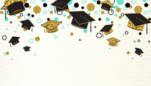 Graduation Word With Graduate Cap, Black And Gold Color, Glitter Dots On A White Background. Congratulation Graduates Class Of. Design For Greeting, Banner, Invitation. Vector Illustration