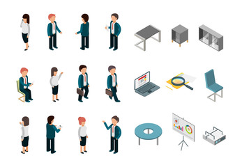 Sticker - Business people isometric. Office corporate supplies furniture managers directors vector collection. Illustration of people set, businessman manager, laptop and chair