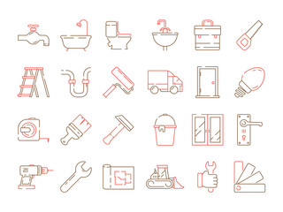 Wall Mural - Construction equipment icon. Building home repair support service brickwork builder items vector collection. Equipment for repair and construction, hammer dril and spatula illustration