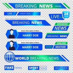 Poster - News graphic banners. Breaking television broadcast sport header banners vector graphic. Illustration of broadcast tv emblem, television banner headline