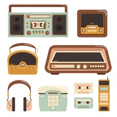 Poster - retro radio. electronic technology 80s telephone photo camera media items vector illustrations. radi