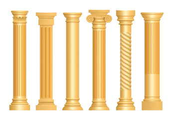 Canvas Print - Golden antique column. Classic roman pillars architectural art sculpture pedestal vector realistic. Illustration of column architectural, pedestal stable