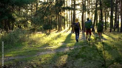 Friends with rucksacks hiking in woods, active lifestyle, pov of criminal danger Tableau sur Toile
