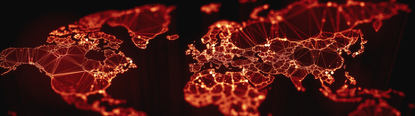 Digital mainlands from space. Cities and countries connected by plexus light lines. Virtual continents. Creative technology, ultra wide background. Concept of transfering information. 3d rendering