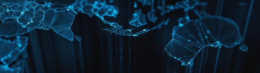 Poster - digital mainlands from space. cities and countries connected by plexus light lines. virtual continen