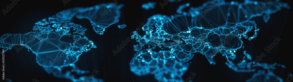 Digital mainlands from space. Cities and countries connected by plexus light lines. Virtual continents. Creative technology, ultra wide background. Concept of transfering information. 3d rendering - obrazy, fototapety, plakaty 