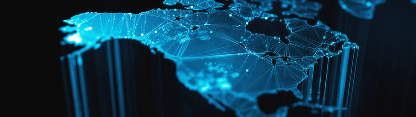 Poster - digital mainlands from space. cities and countries connected by plexus light lines. virtual continen