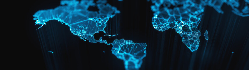 Poster - digital mainlands from space. cities and countries connected by plexus light lines. virtual continen