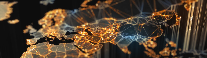 Poster - digital mainlands from space. cities and countries connected by plexus light lines. virtual continen