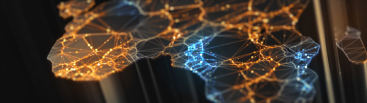 Digital mainlands from space. Cities and countries connected by plexus light lines. Virtual continents. Creative technology, ultra wide background. Concept of transfering information. 3d rendering