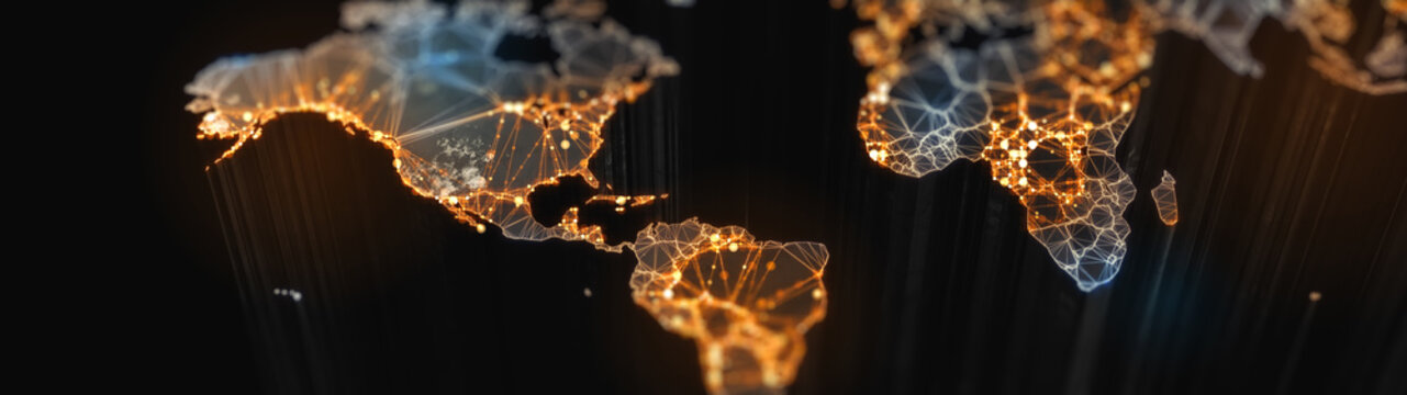 digital mainlands from space. cities and countries connected by plexus light lines. virtual continen