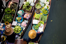 Tha Kha Floating Market In Thailand. Local Farmers Selling Vegetables.