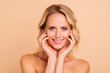 © deagreez - Rejuvenation detox concept. Close-up portrait of nice attractive adorable cheerful wavy-haired lady with perfect smooth fresh healthy skin touching cheeks detox isolated over beige background