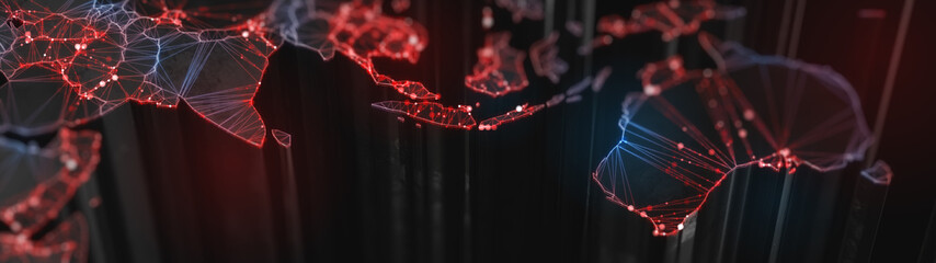 Wall Mural - digital mainlands from space. cities and countries connected by plexus light lines. virtual continen